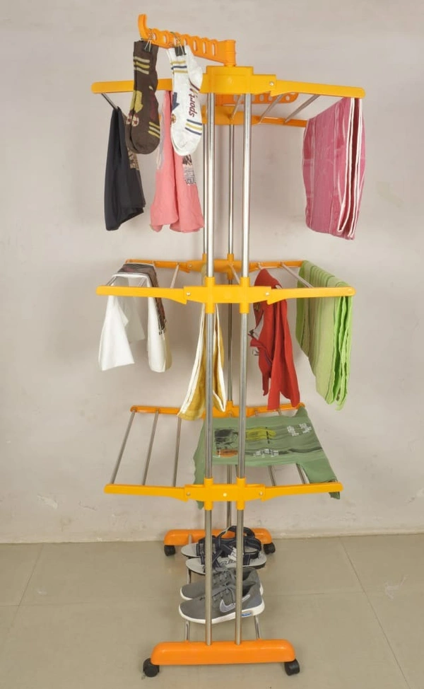 Simran Premium Heavy Duty Stainless Steel Foldable Cloth Drying Stand/ DIY Clothes Dryer Stands/Laundry Racks with Wheels for Indoor/Outdoor/Balcony (3 Tier) , Color as per availability